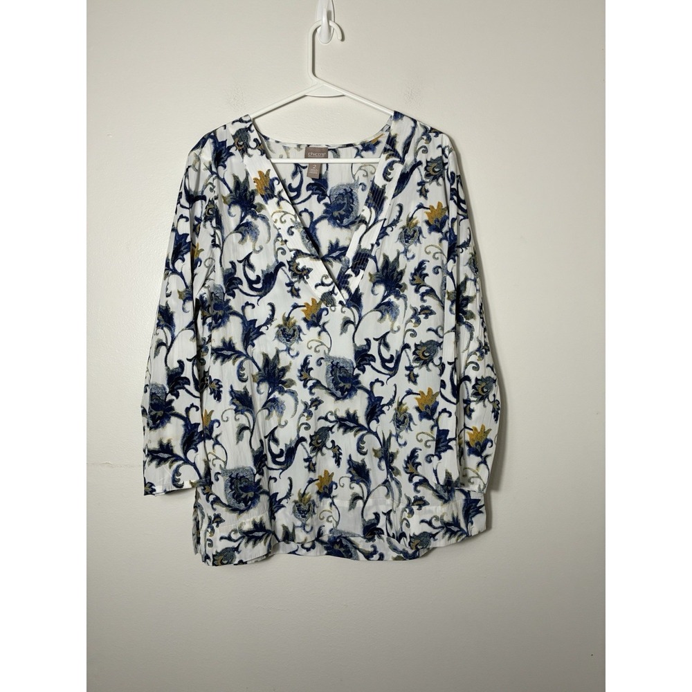 Chicos V Neck Floral Blouse Sz Large Blue/white Boho Peasent Long Sleeve